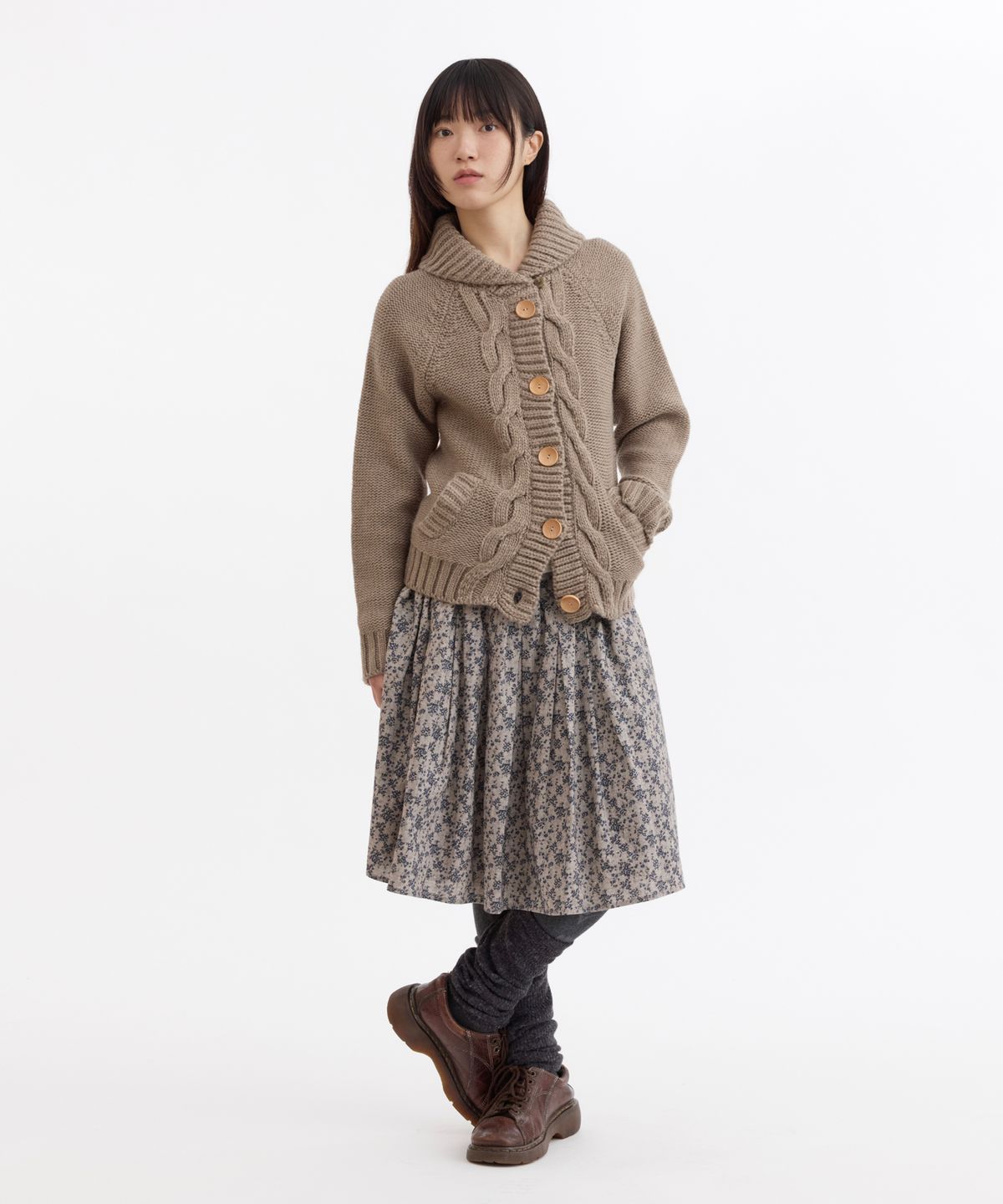 오헤시오(OHESHIO) SHAWL COLLAR CABLE KNIT CARDIGAN, KHAKI BEIGE