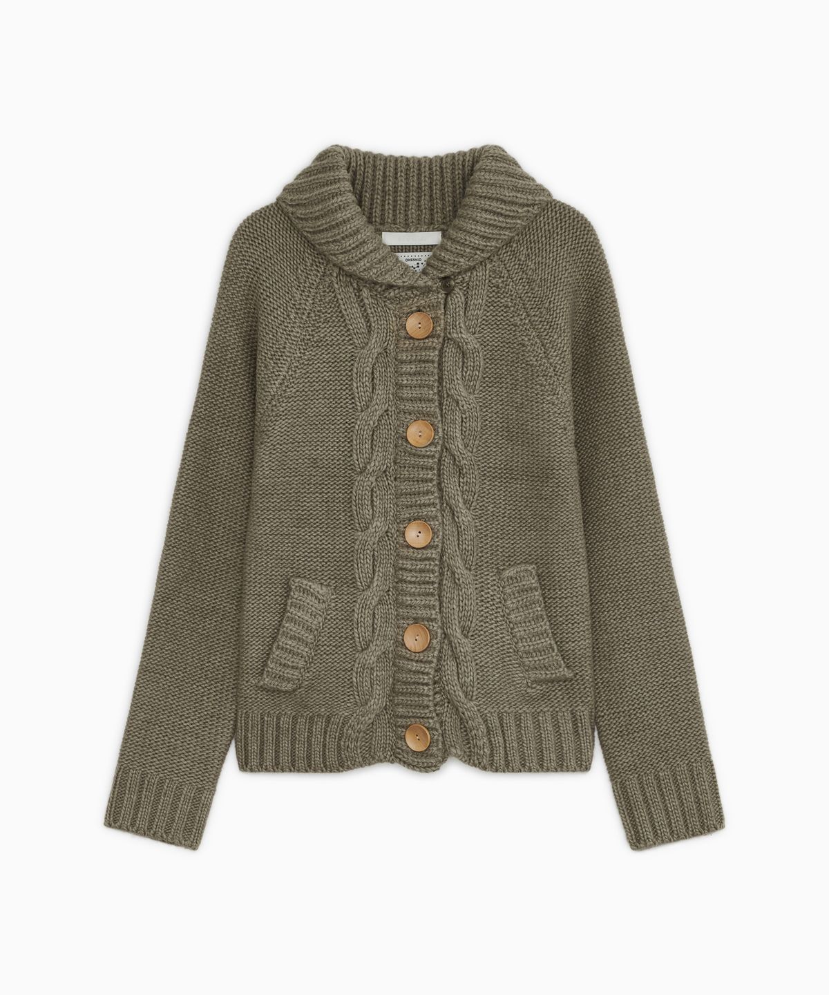오헤시오(OHESHIO) SHAWL COLLAR CABLE KNIT CARDIGAN, KHAKI BEIGE