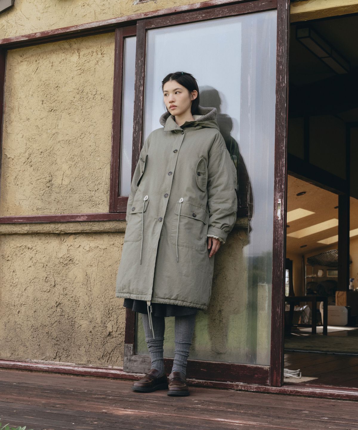 오헤시오(OHESHIO) TEDDY FUR HOODED LONG PARKA, KHAKI