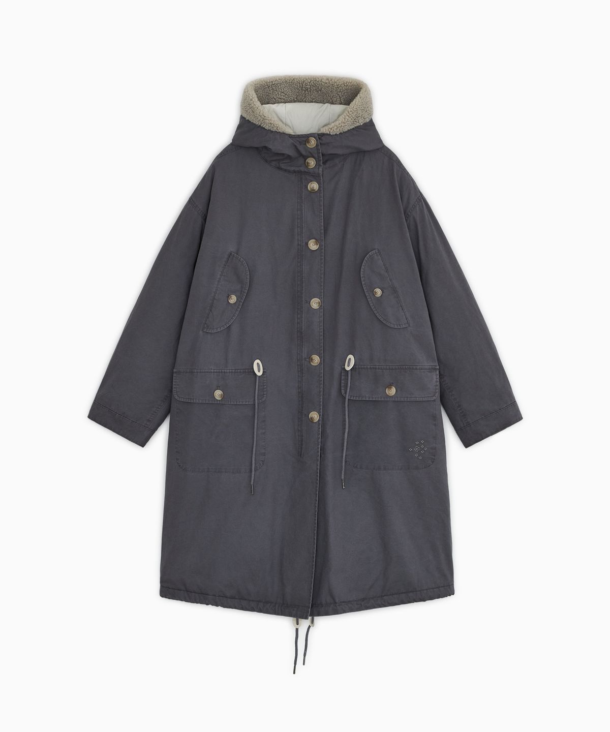오헤시오(OHESHIO) TEDDY FUR HOODED LONG PARKA, DUSTY BLUE