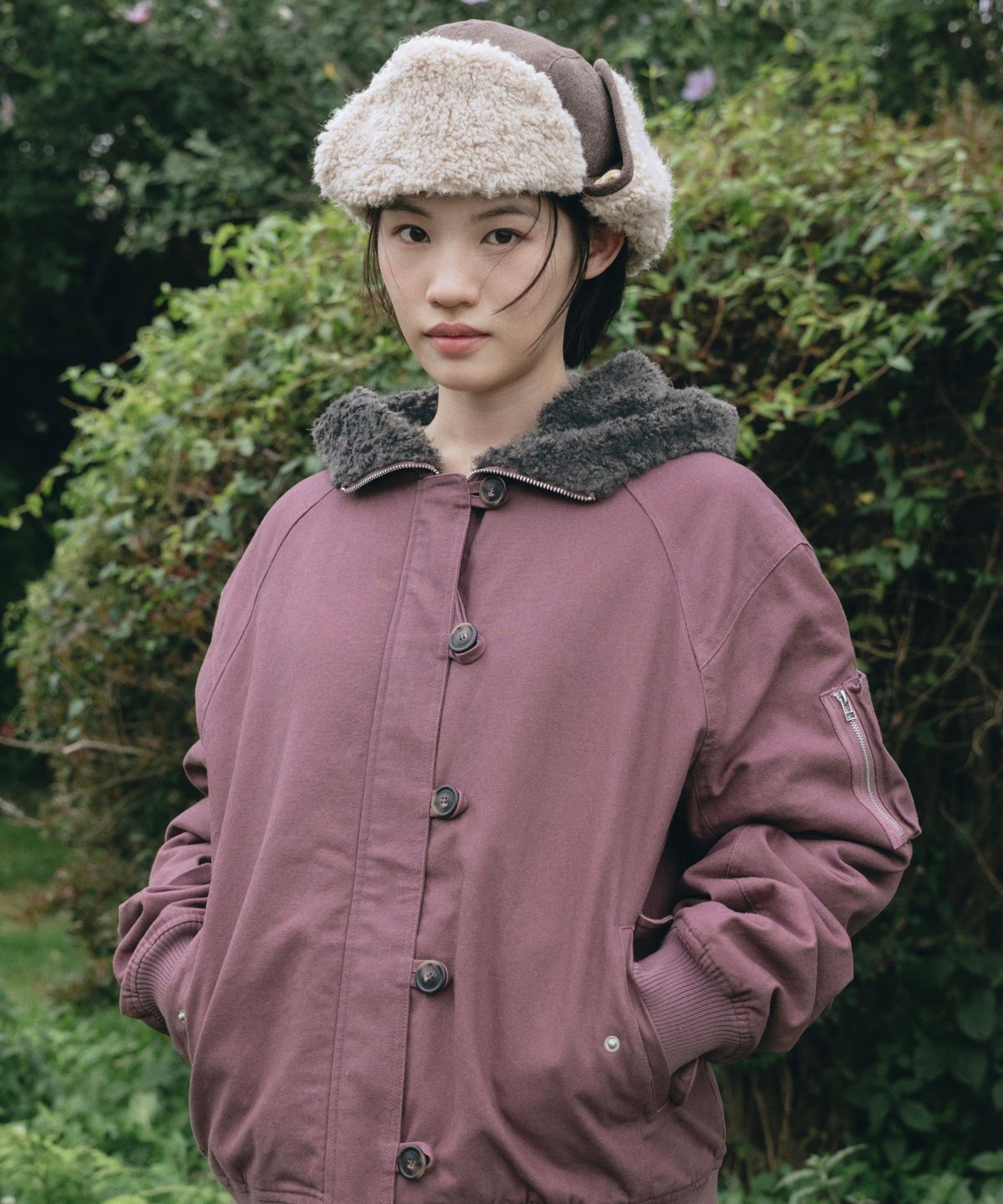 오헤시오(OHESHIO) BUTTON HOODED BOMBER JACKET, PURPLE