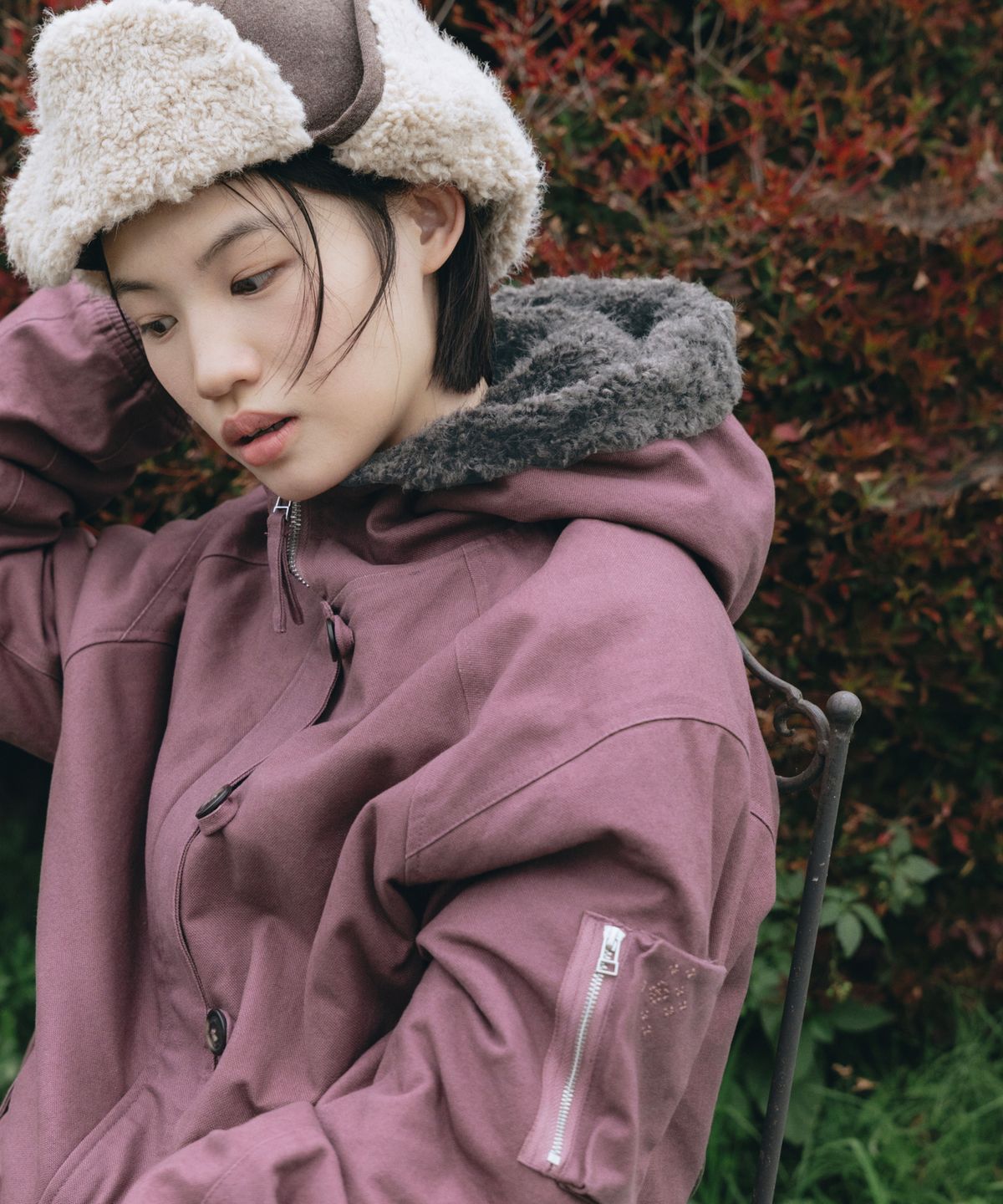 오헤시오(OHESHIO) BUTTON HOODED BOMBER JACKET, PURPLE