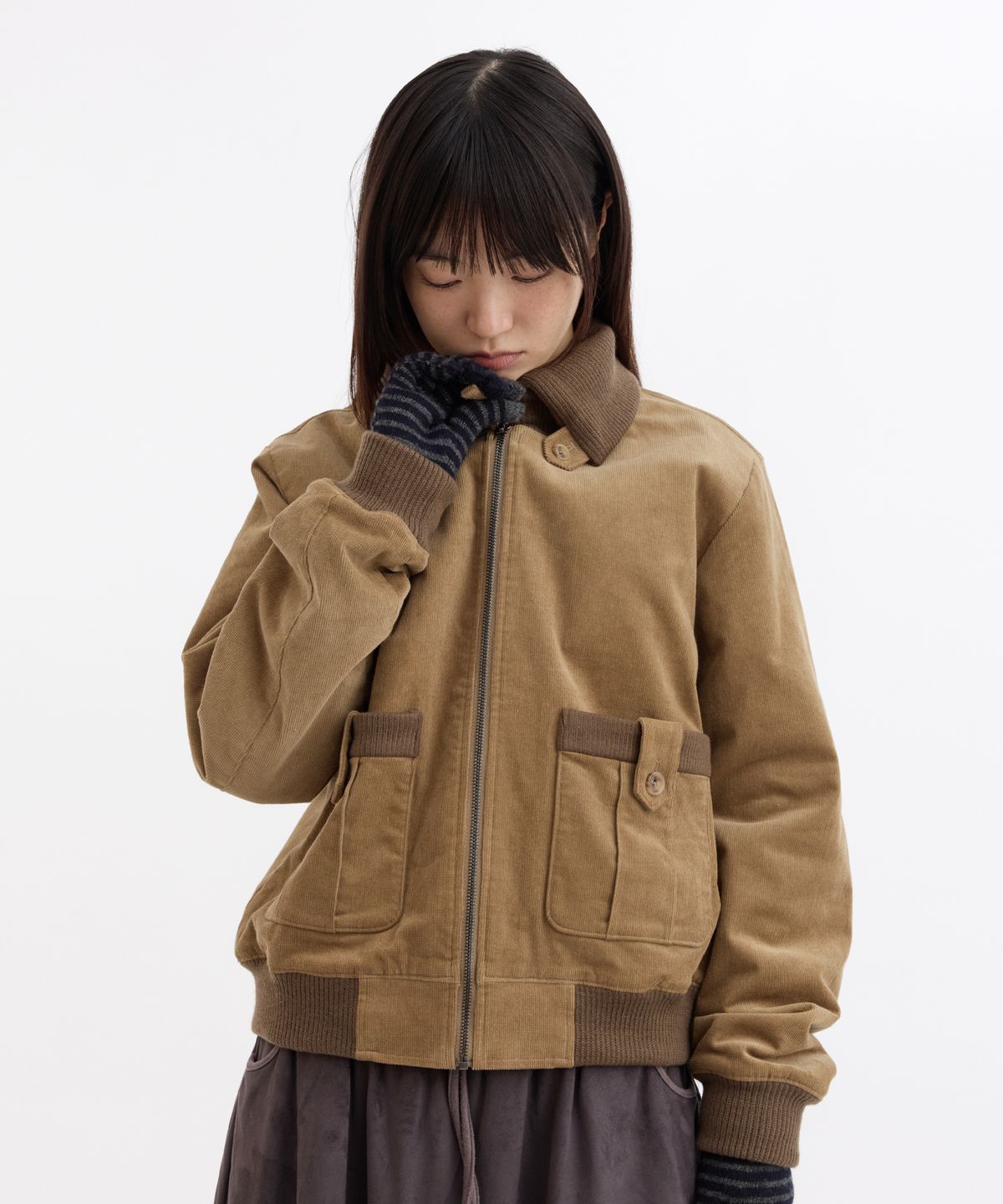 오헤시오(OHESHIO) FLORAL CORDUROY BOMBER JACKET, CAMEL