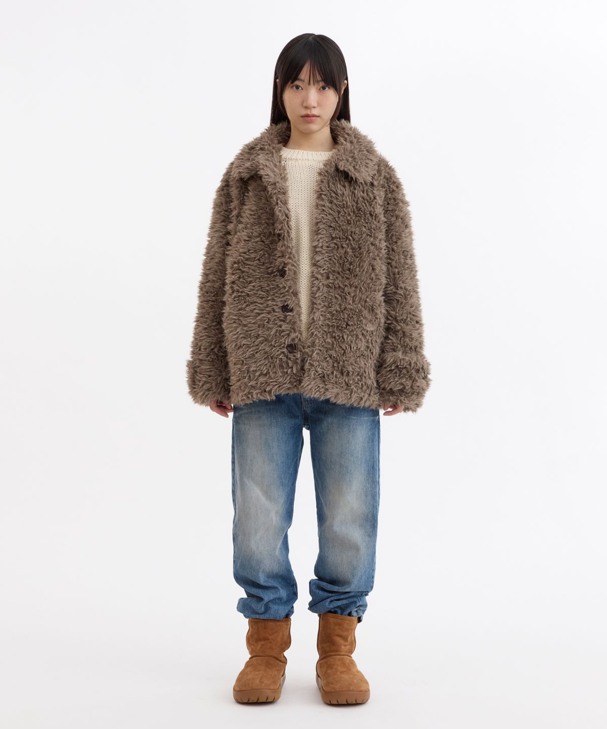 오헤시오(OHESHIO) FLUFFY ROUND COLLAR FUR JACKET, BROWN