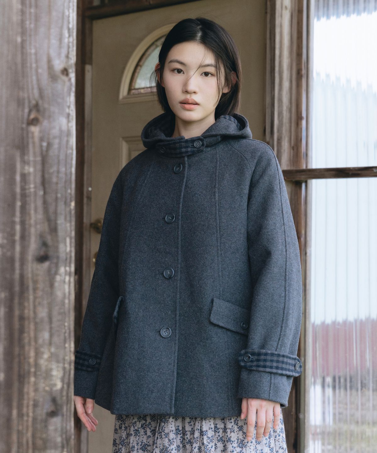 오헤시오(OHESHIO) CHECK LINING HOODED HALF COAT, BLACK