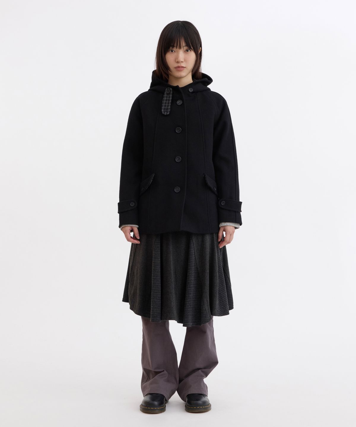 오헤시오(OHESHIO) CHECK LINING HOODED HALF COAT, BLACK