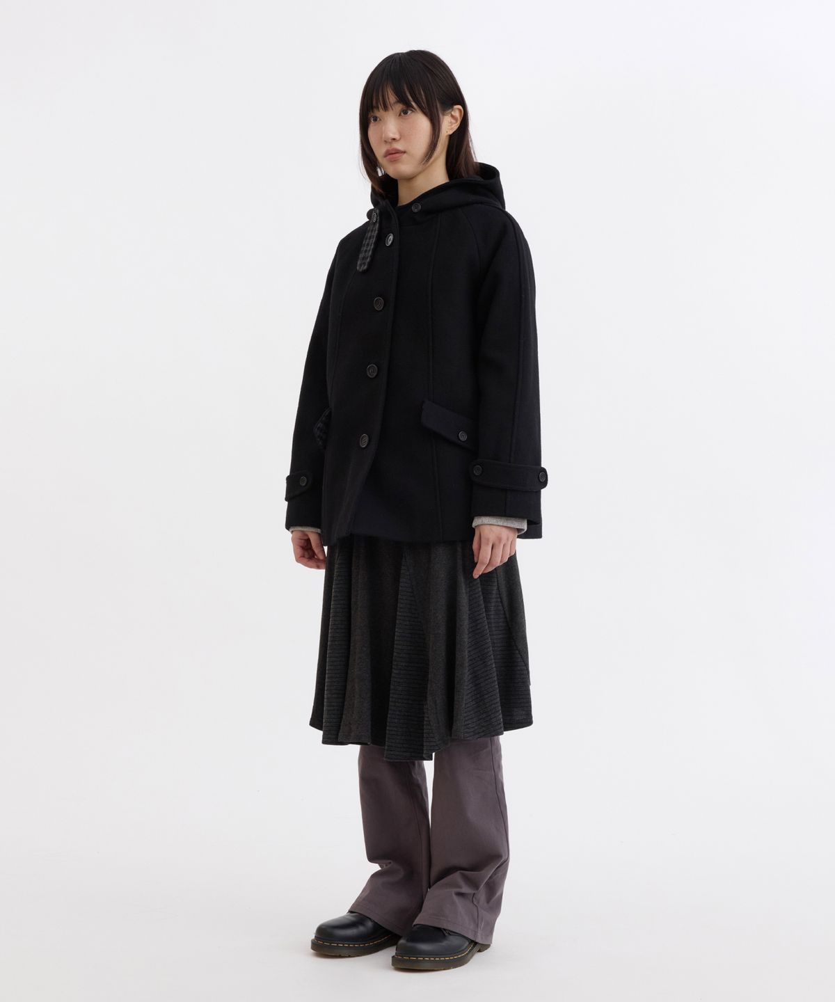 오헤시오(OHESHIO) CHECK LINING HOODED HALF COAT, BLACK