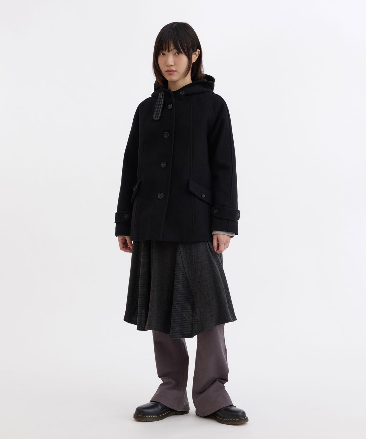 오헤시오(OHESHIO) CHECK LINING HOODED HALF COAT, BLACK