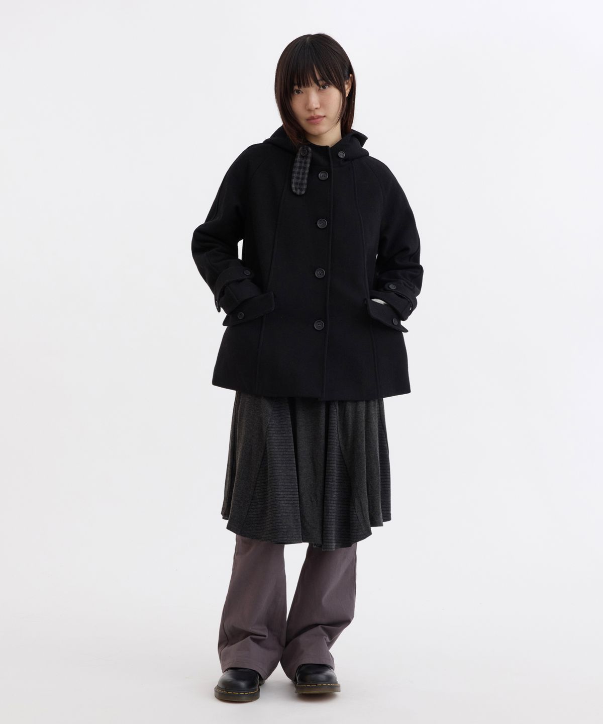 오헤시오(OHESHIO) CHECK LINING HOODED HALF COAT, BLACK