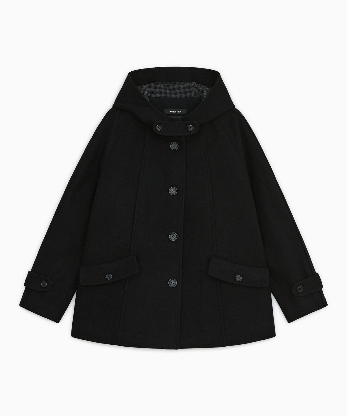 오헤시오(OHESHIO) CHECK LINING HOODED HALF COAT, BLACK