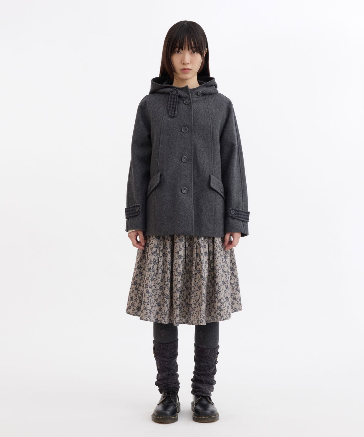 오헤시오(OHESHIO) CHECK LINING HOODED HALF COAT, CHARCOAL