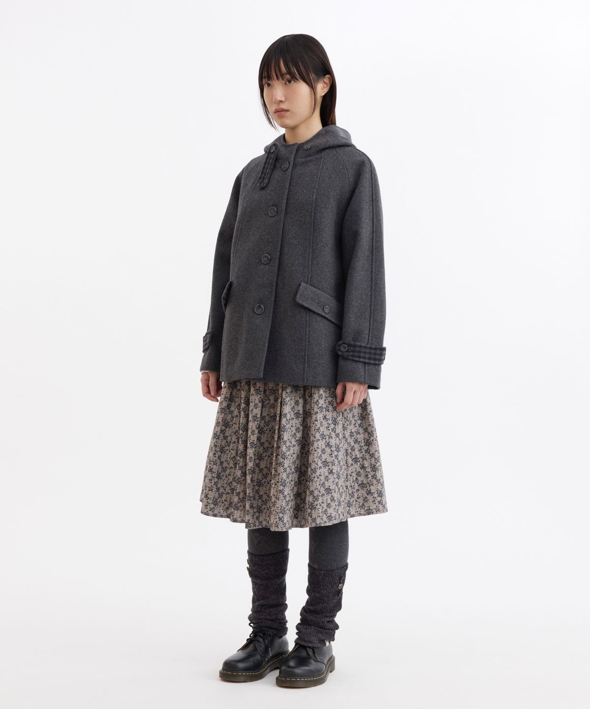 오헤시오(OHESHIO) CHECK LINING HOODED HALF COAT, CHARCOAL
