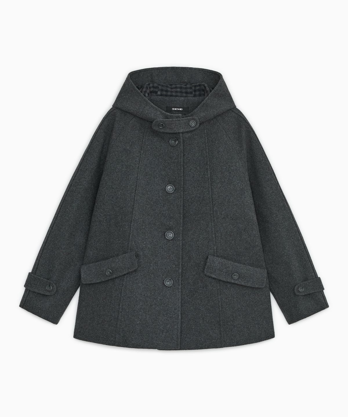 오헤시오(OHESHIO) CHECK LINING HOODED HALF COAT, CHARCOAL