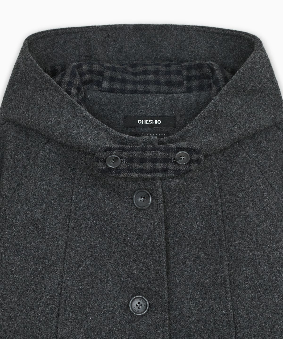 오헤시오(OHESHIO) CHECK LINING HOODED HALF COAT, CHARCOAL