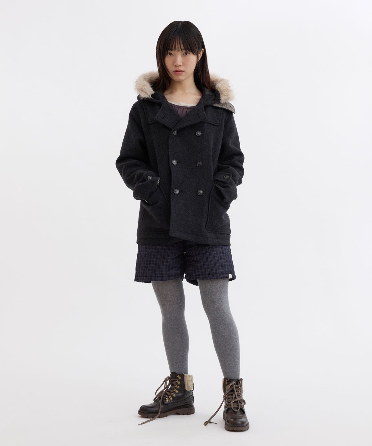 오헤시오(OHESHIO) HOODED DUFFLE WOOL COAT, CHARCOAL
