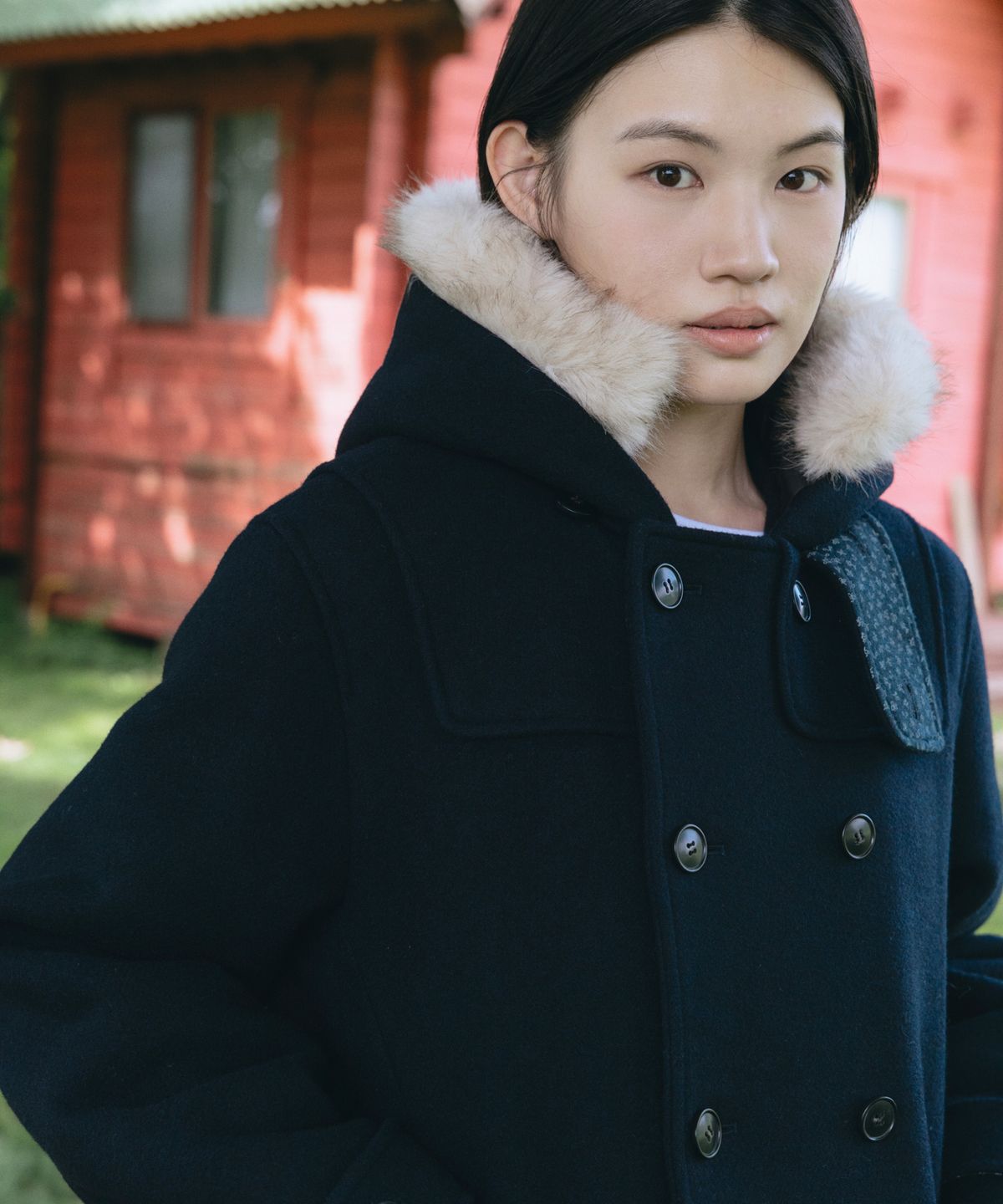 오헤시오(OHESHIO) HOODED DUFFLE WOOL COAT, NAVY