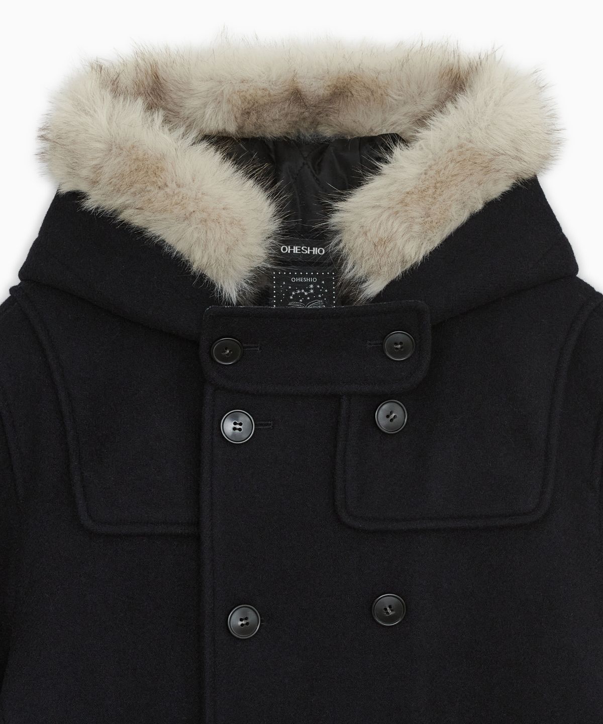 오헤시오(OHESHIO) HOODED DUFFLE WOOL COAT, NAVY