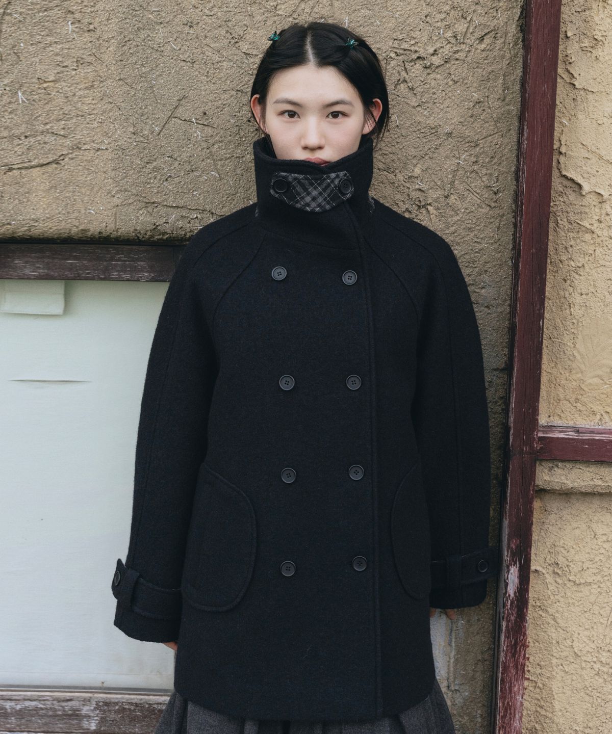 오헤시오(OHESHIO) CHECK LAYERED COLLAR DOUBLE WOOL COAT, BLACK