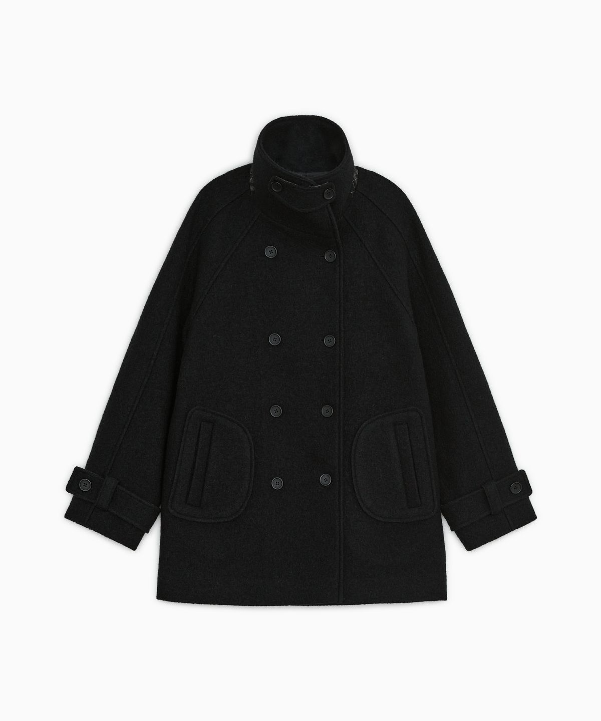 오헤시오(OHESHIO) CHECK LAYERED COLLAR DOUBLE WOOL COAT, BLACK