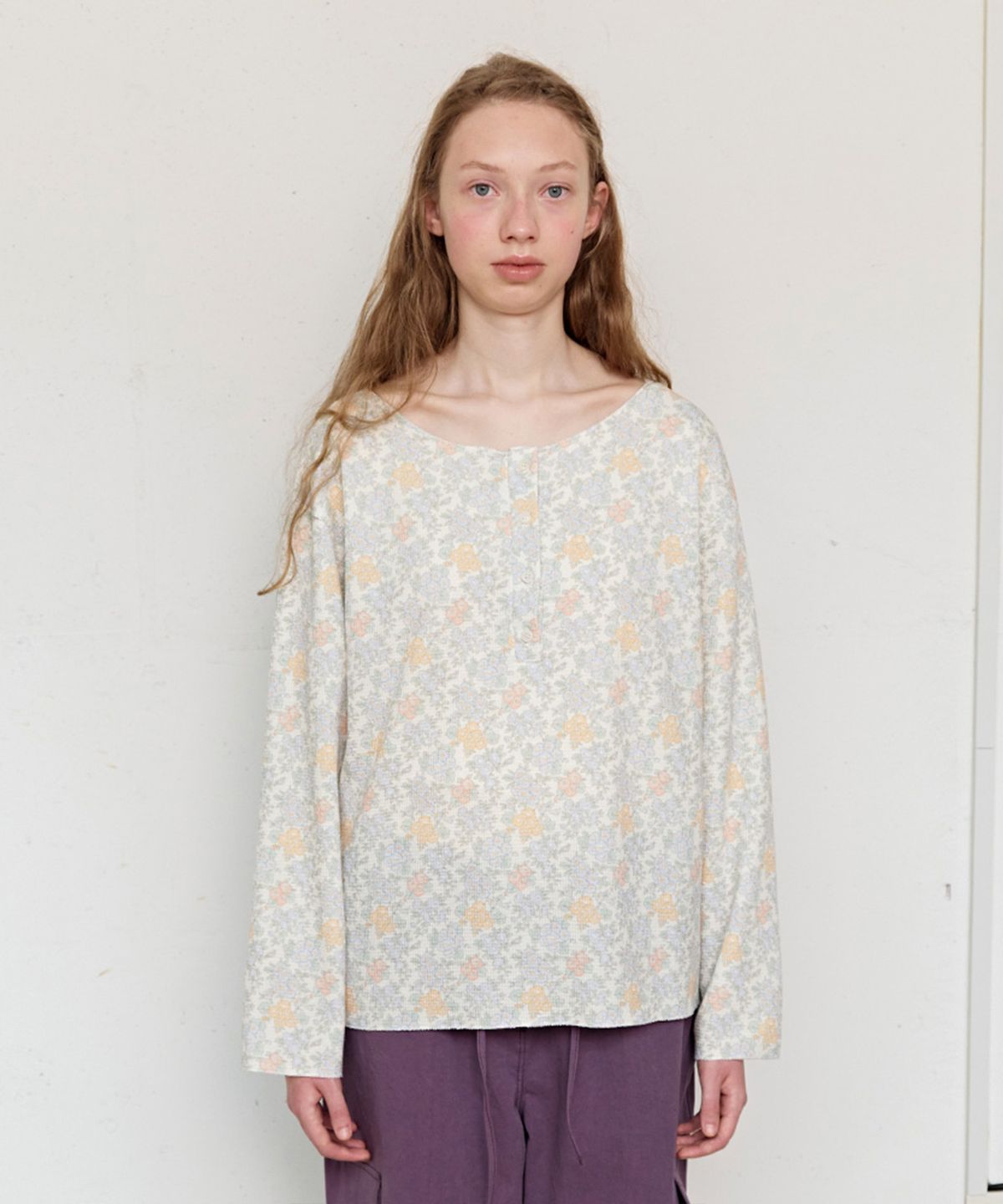 펀프롬펀(FUNFROMFUN) Rustic Waffle Henley Top, Dusty Blue