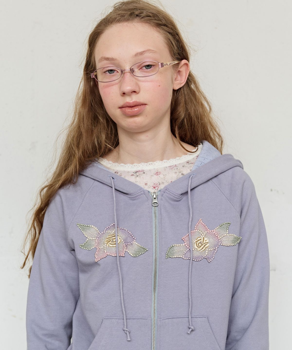 펀프롬펀(FUNFROMFUN) Applique Boho Hoodie, Grey Purple