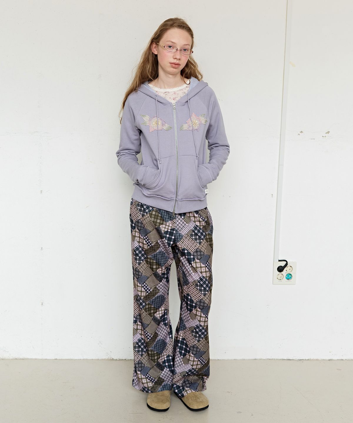 펀프롬펀(FUNFROMFUN) Applique Boho Hoodie, Grey Purple