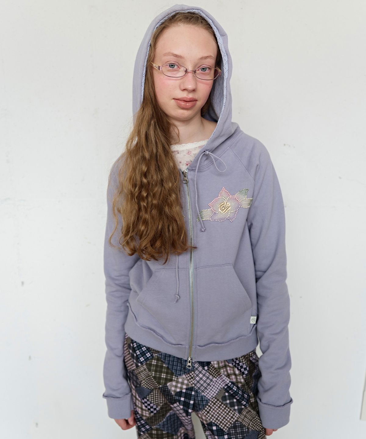 펀프롬펀(FUNFROMFUN) Applique Boho Hoodie, Grey Purple