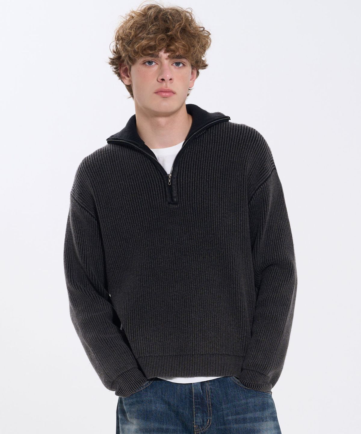 필프(PEALP) VINTAGE WASHED HALF KNIT ZIP-UP 76 (CHARCOAL)