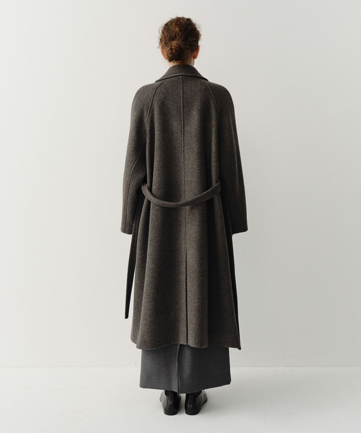 이아(EAAH) WOOL BELTED FLARE COAT (TAUPE BROWN HERRINGBONE)