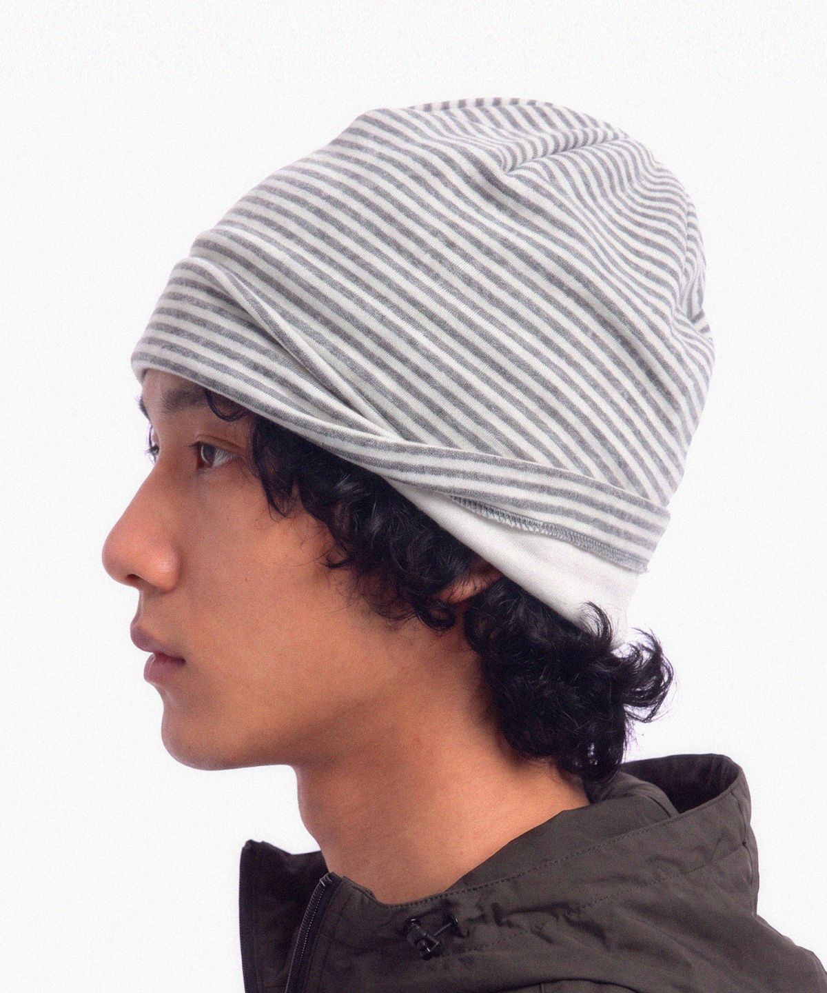 언더컨트롤(UNDERCONTROL) 플리스 겨울 스트라이프 투톤 니트 두겹 비니 TENCEL MIX LONG WINTER HAT / DUAL COLOR / GREY MILK
