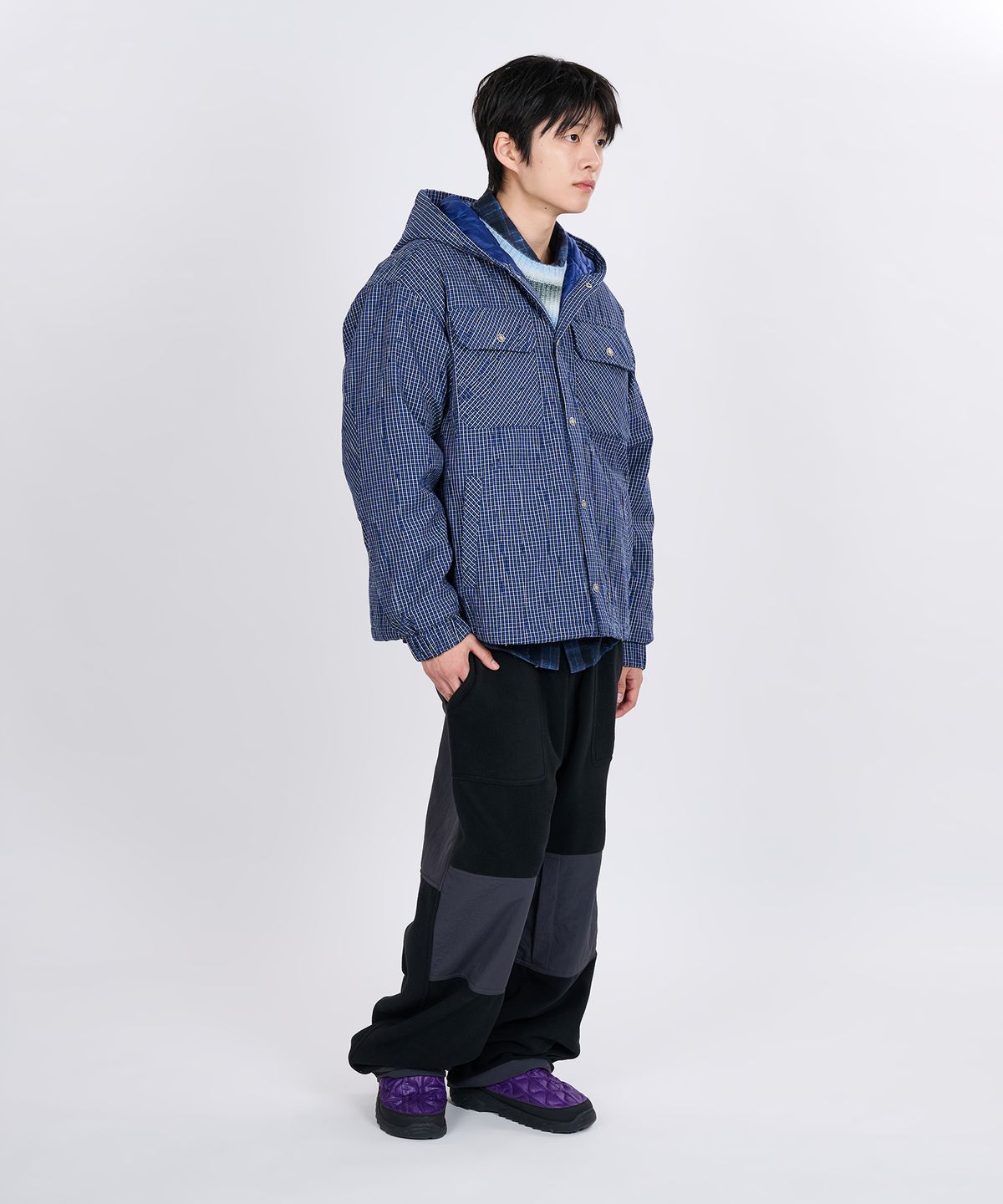 논타입(NONTYPE) PLEATED PLAID HOODED JACKET (BLUE)