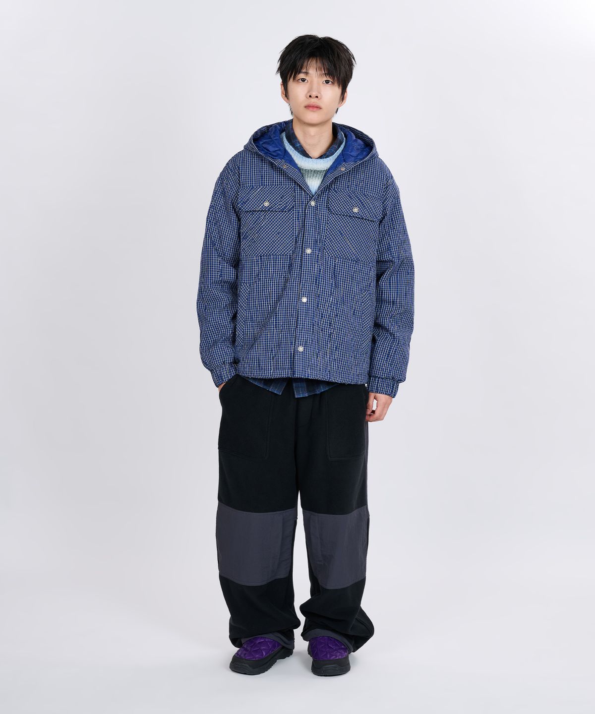 논타입(NONTYPE) PLEATED PLAID HOODED JACKET (BLUE)