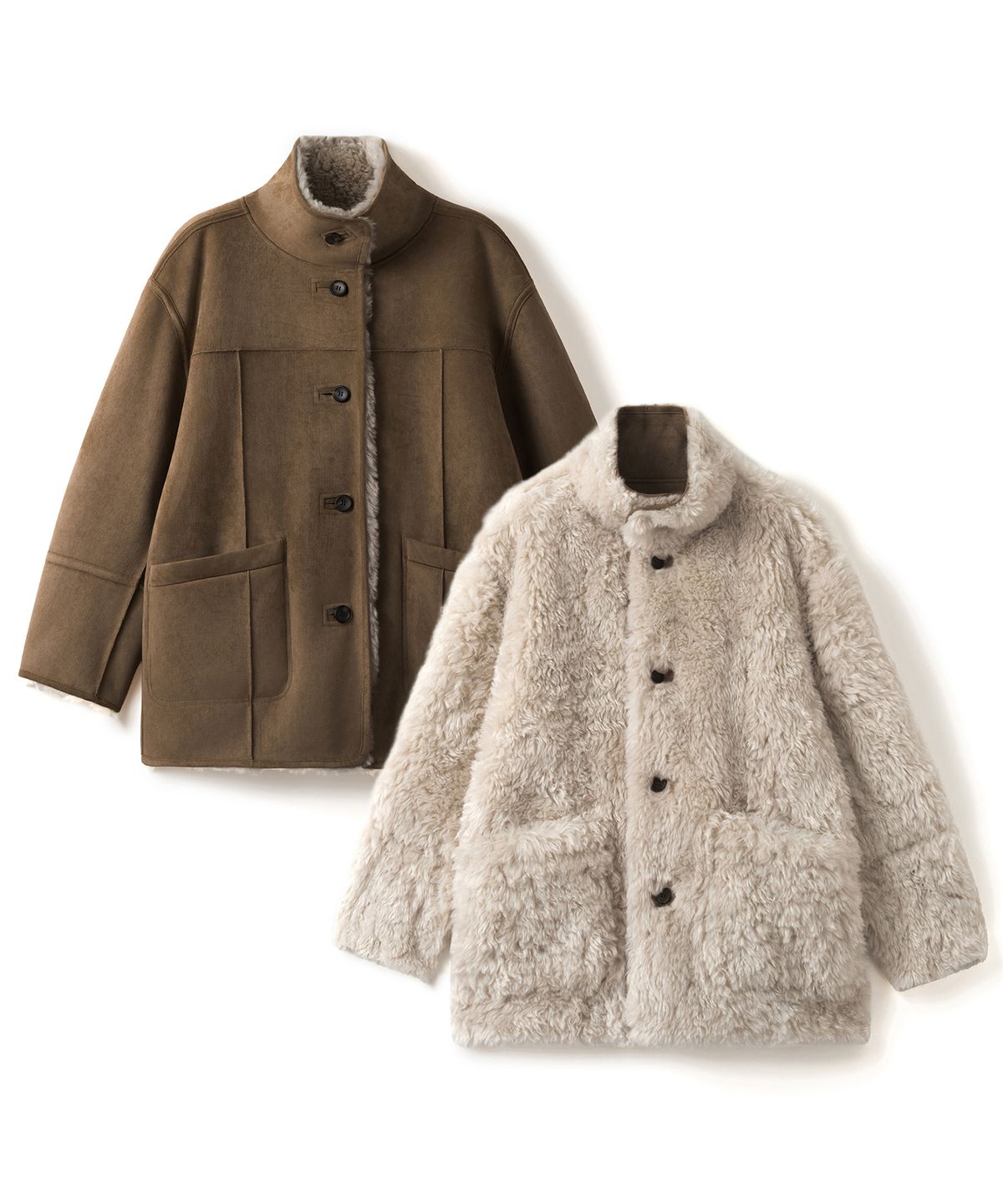 커스텀어클락 우먼(COSTUMEOCLOCK WOMAN) 스웨이드 리버시블 하프 무스탕 자켓 카멜 COWJK003CAMEL