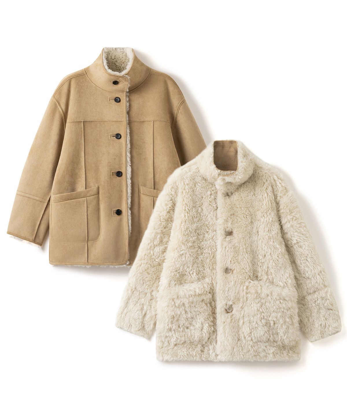 커스텀어클락 우먼(COSTUMEOCLOCK WOMAN) 스웨이드 리버시블 하프 무스탕 자켓 베이지 COWJK003BEIGE