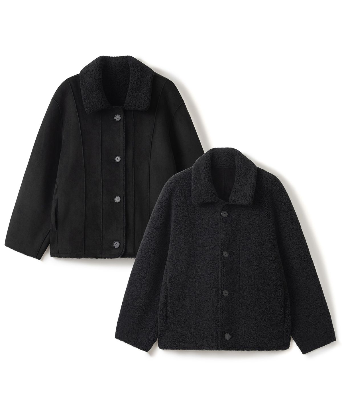 커스텀어클락 우먼(COSTUMEOCLOCK WOMAN) 스웨이드 리버시블 크롭 무스탕 자켓 블랙 COWJK002BLACK