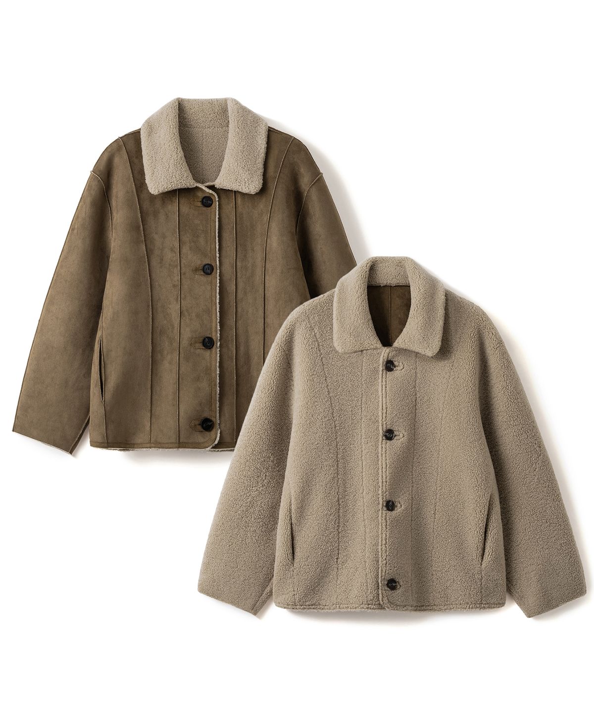 커스텀어클락 우먼(COSTUMEOCLOCK WOMAN) 스웨이드 리버시블 크롭 무스탕 자켓 카멜 COWJK002CAMEL