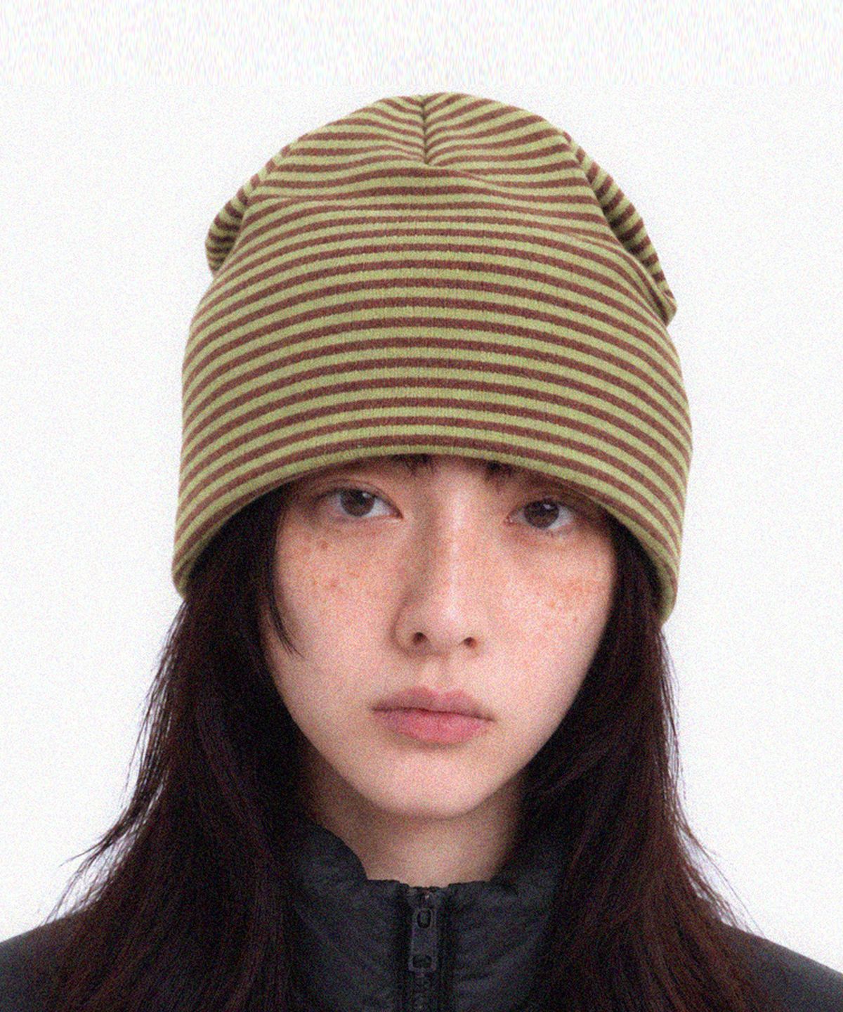 언더컨트롤(UNDERCONTROL) 플리스 겨울 스트라이프 투톤 니트 두겹 비니 TENCEL MIX LONG WINTER HAT / DUAL COLOR / OLIVE BROWN