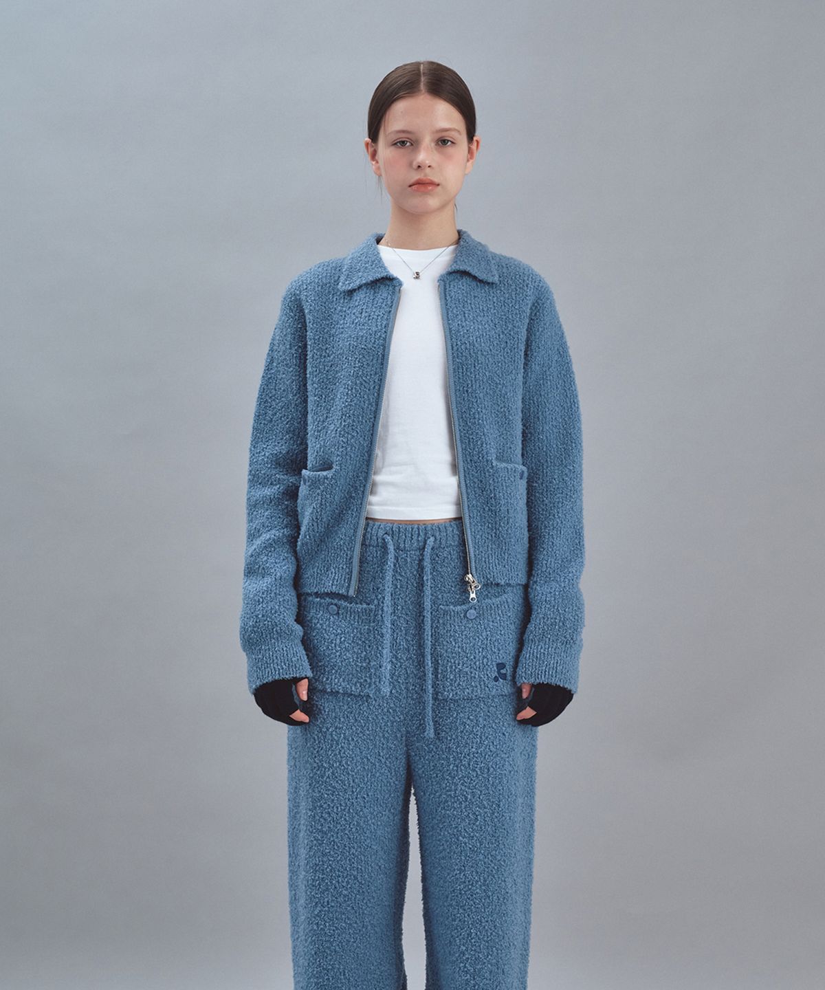 레스트앤레크레이션(REST&RECREATION) BOUCLE KNIT ZIP-UP JACKET - SKY BLUE