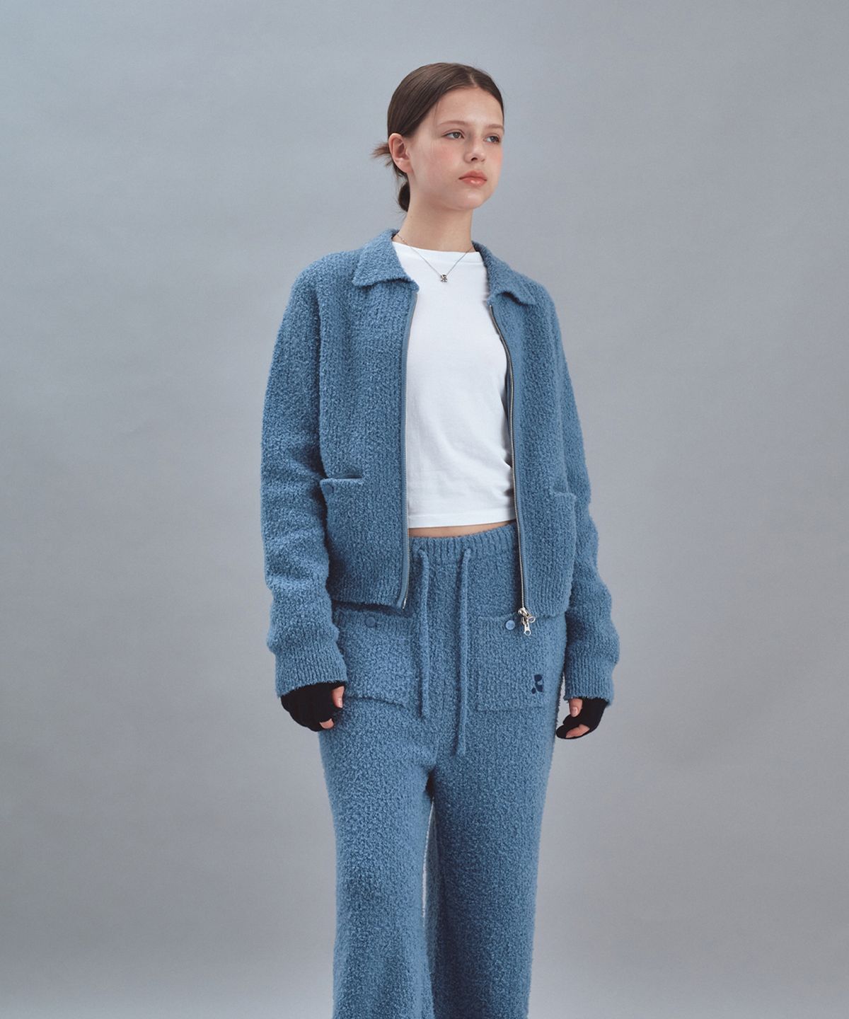 레스트앤레크레이션(REST&RECREATION) BOUCLE KNIT ZIP-UP JACKET - SKY BLUE