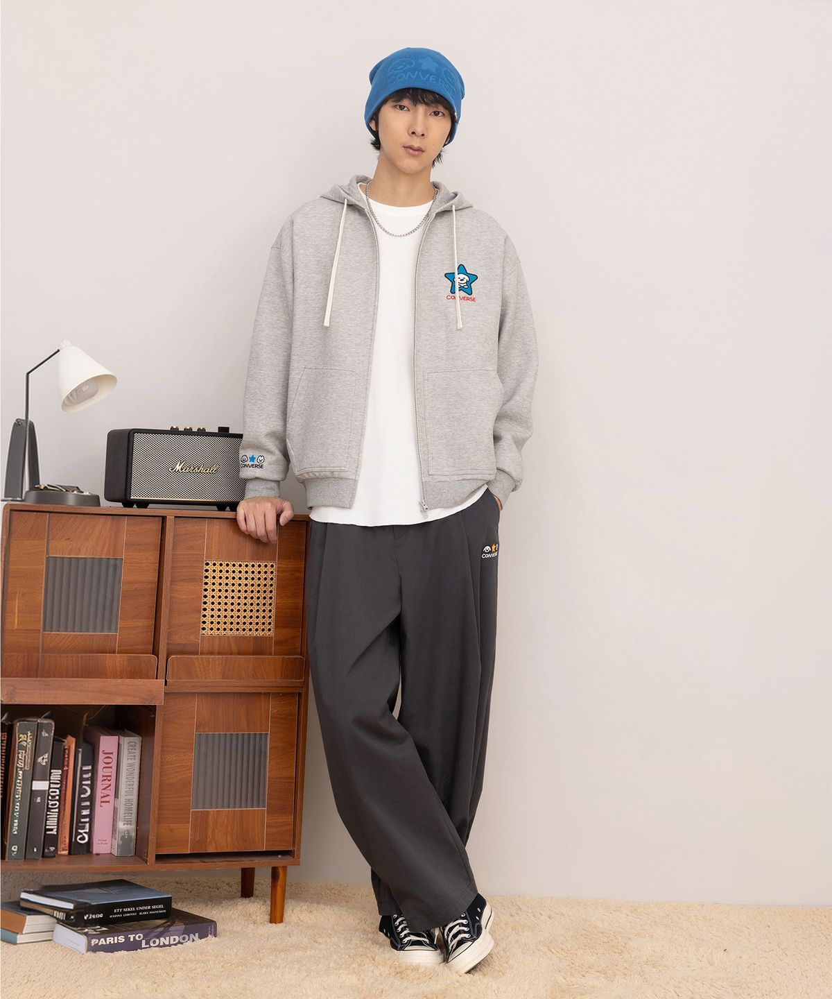 컨버스(CONVERSE) 컨버스 & 마츠이 그래픽 풀 집 플리스 탑 빈티지 그레이 헤더 MCK258-G59