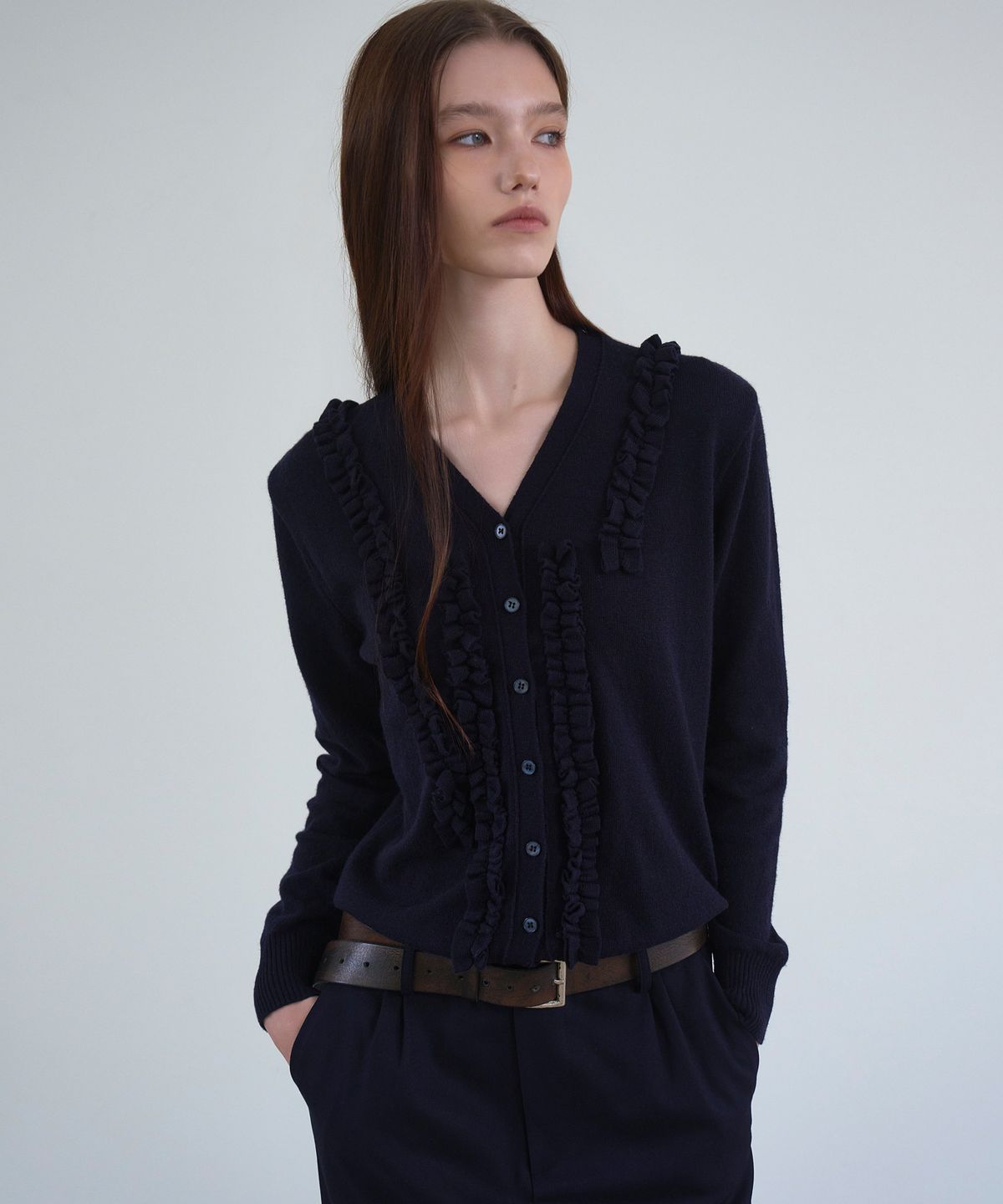 신앤리(SSIN AND LEE) Milan Frill Knit Cardigan Navy
