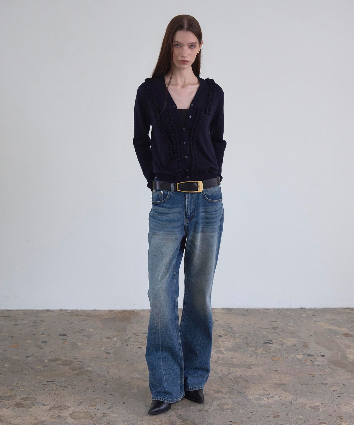 신앤리(SSIN AND LEE) Milan Frill Knit Cardigan Navy