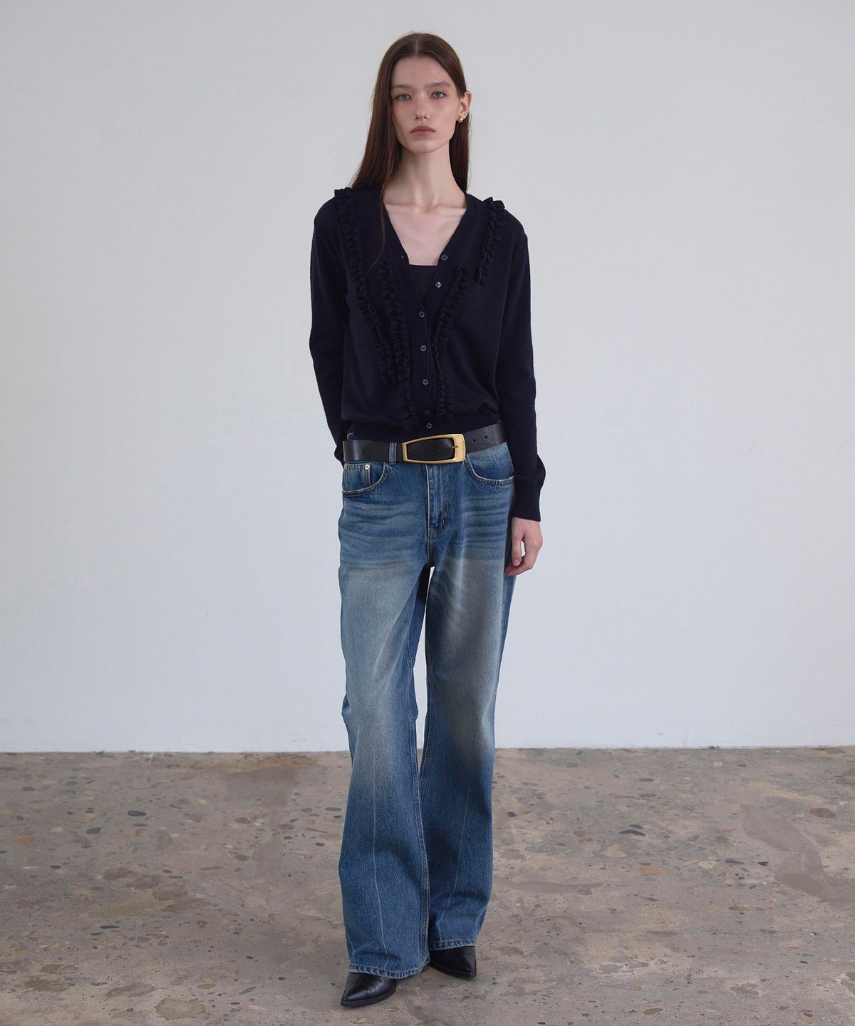 신앤리(SSIN AND LEE) Milan Frill Knit Cardigan Navy