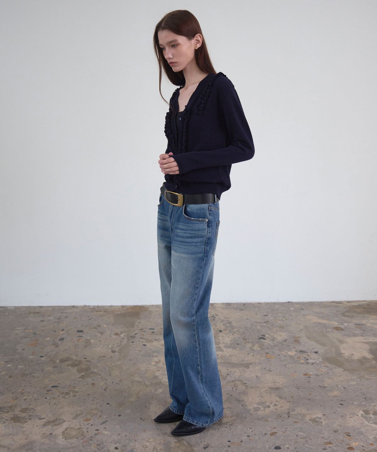 신앤리(SSIN AND LEE) Milan Frill Knit Cardigan Navy