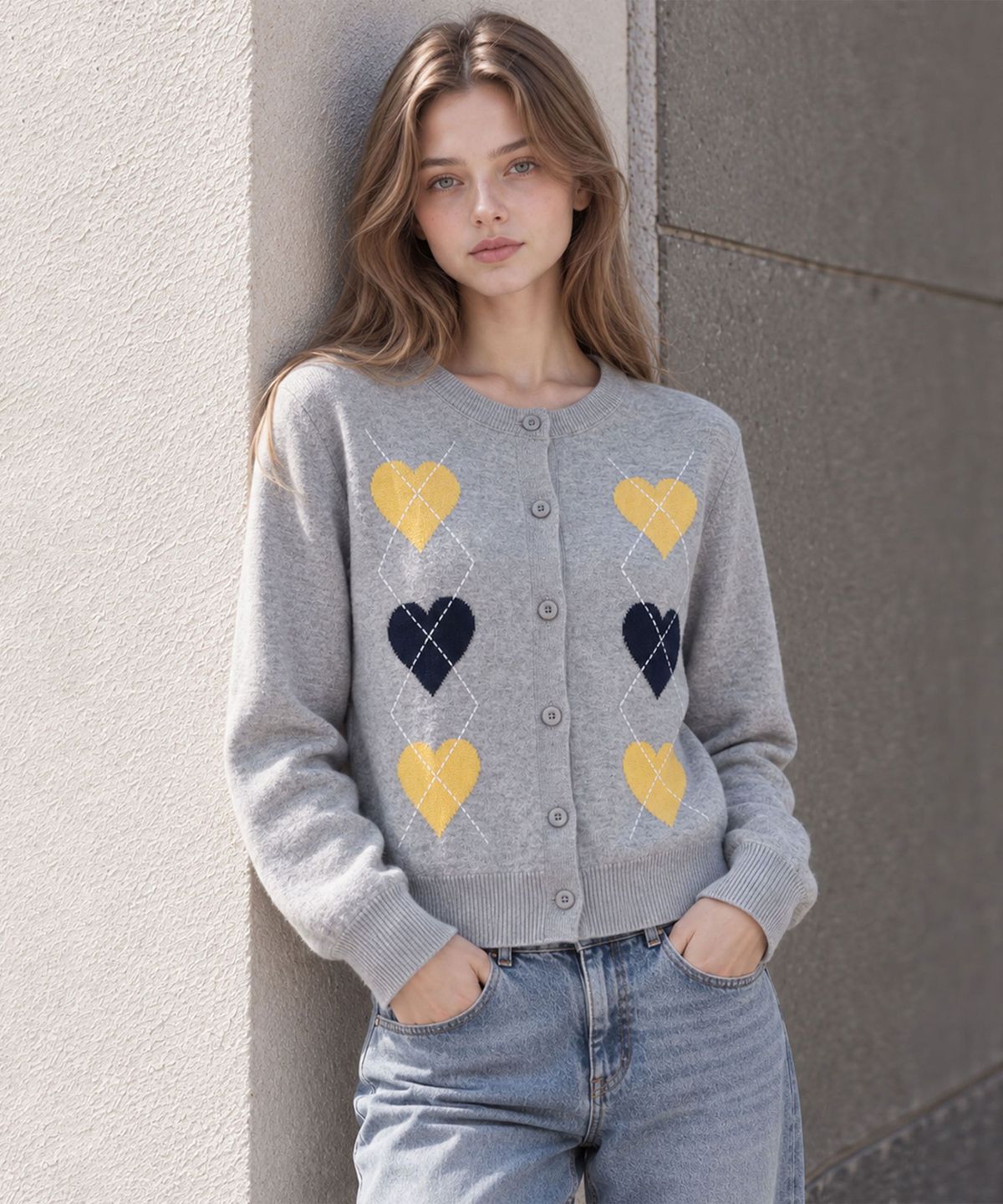 바스카라(VASCARA) Heart Pattern Round Neck Button Knit Cardigan (4colors)