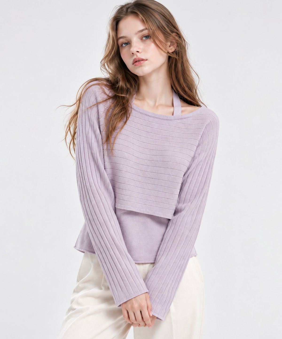 바스카라(VASCARA) [SET] Halter Neck Tank + Ribbed Crop Knit (4colors)