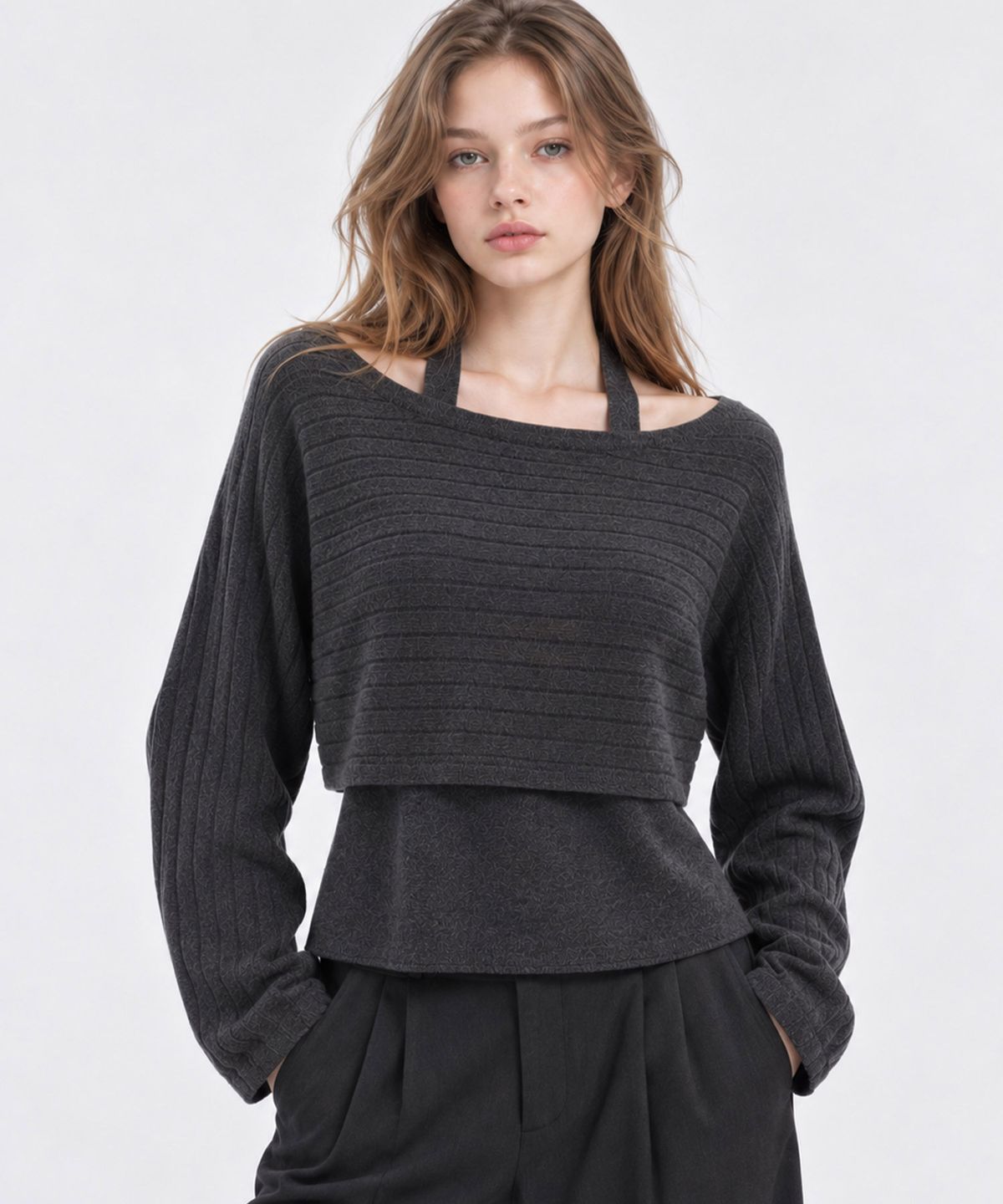 바스카라(VASCARA) [SET] Halter Neck Tank + Ribbed Crop Knit (4colors)