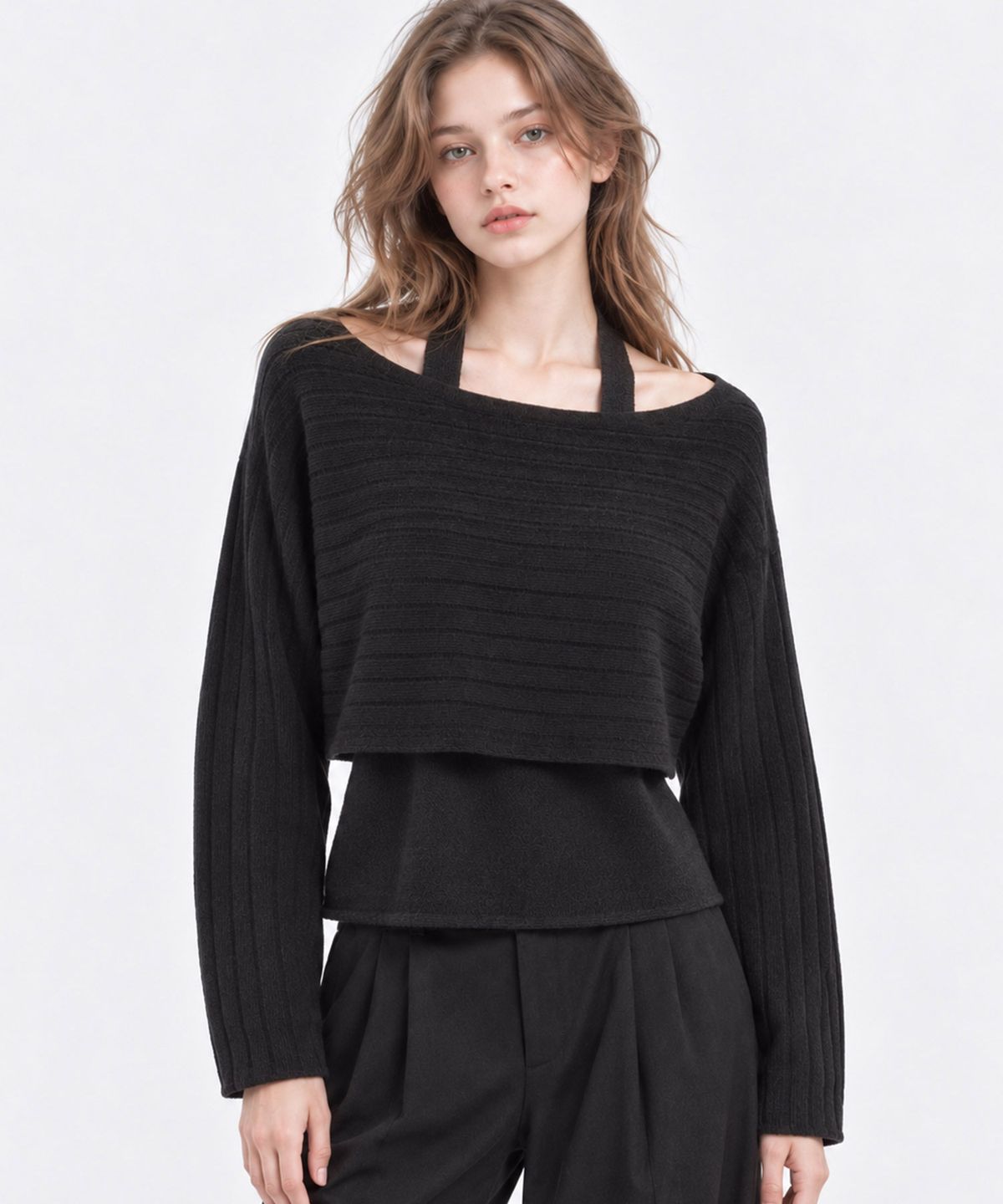 바스카라(VASCARA) [SET] Halter Neck Tank + Ribbed Crop Knit (4colors)