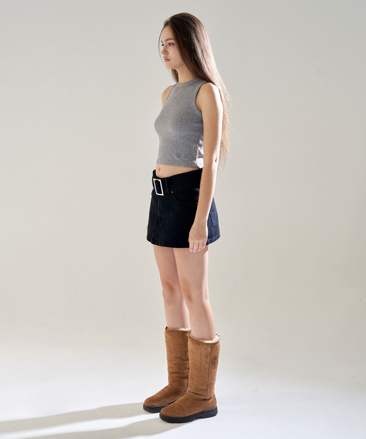 오드원아웃(ODDONEOUT) CATION DENIM STONE LOGO BELT SKIRT PANTS BLACK