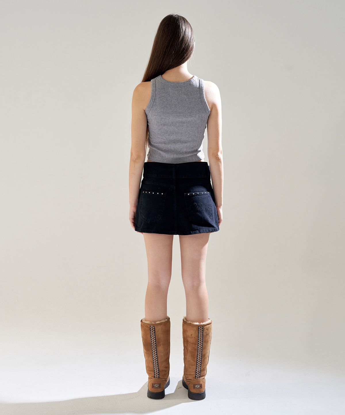 오드원아웃(ODDONEOUT) CATION DENIM STONE LOGO BELT SKIRT PANTS BLACK